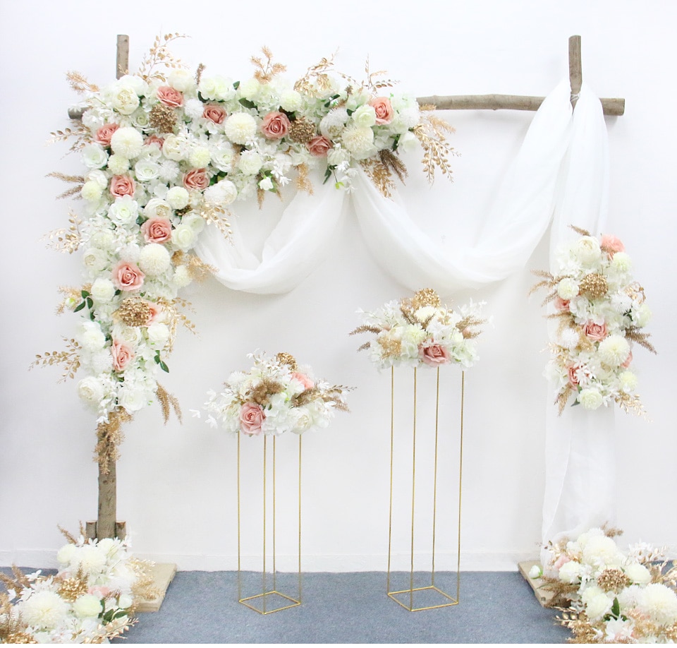 white gold and peach wedding decor